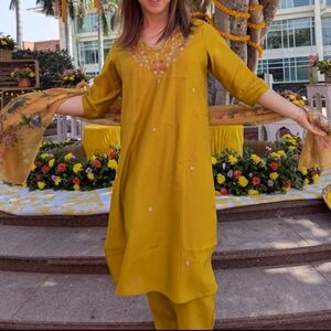 Yellow Embroidered Kurta with Scarf